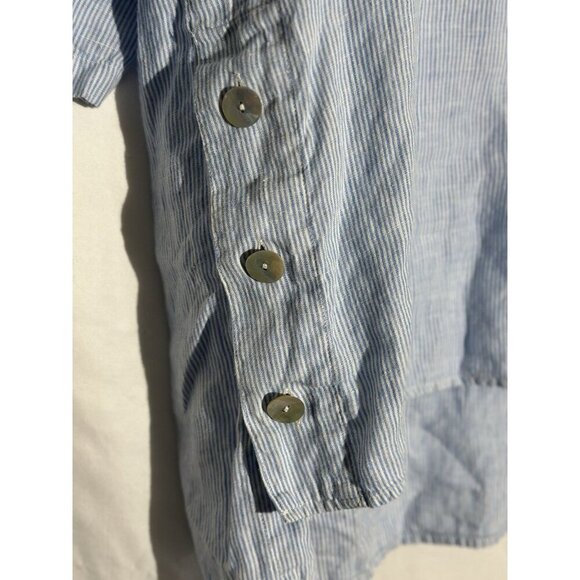 J. Jill Love Linen Blue White Stripe 100% Linen Partial Button Popover Blouse M - Picture 3 of 9